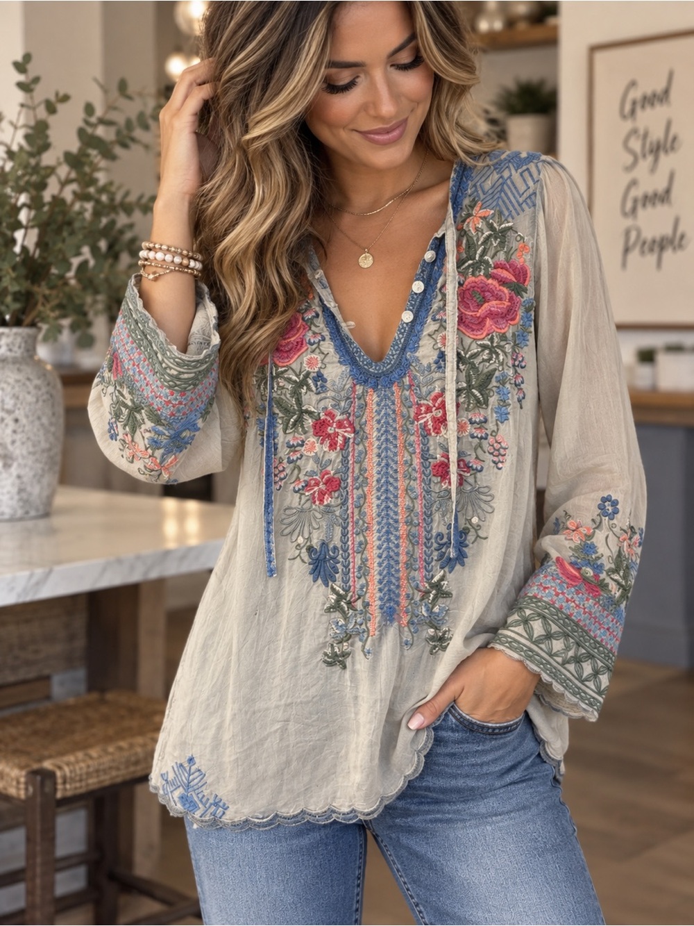 Johnny Was Cream Embroidered Boho V-Neck Blouse with Multicolor Floral Trim